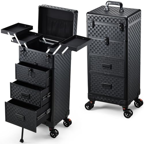 Stagiant Rolling Makeup Case with Drawers Cosmetology Case on Wheels 4 IN 1 Makeup Case 3 Drawers with Foot Stand Spring-release Mechanism Rolling Make Up Organizer for Artist Salon Nail Teach Trunk - color: 3 Drawers Black Checkerboard