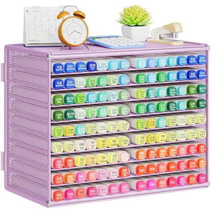 Marbrasse Mesh Marker Organizer, Metal Desktop Storage Rack for 126 Markers, Pens, Pencils, 9 Tier Marker Holder for Office Classroom & Home Art Supplies(Purple)