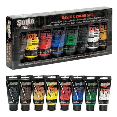 Soho Urban Artist Heavy Body Acrylic Paint - Set of 8-75mL - Assorted - Thick, Rich Color, Excellent Coverage, Professional Quality - Artists Acrylic Paint - color: Assorted, size: 0.32 Fl Oz (Pack of 8)