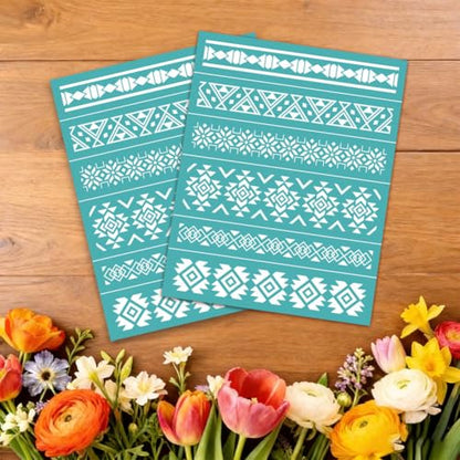 2 Sheets Aztec Patterned Silk Screen Stencil, Tribal Geometric Self-Adhesive Silk Screen Boho Printing Stencils Reusable Mesh Stencil for Painting on Wall, Wood, T-Shirt, Home Craft Decor - style: Aztec Pattern