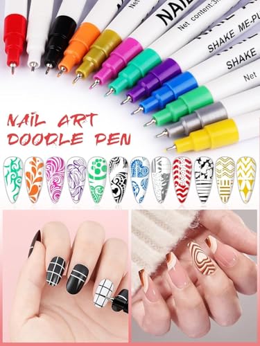12 Color 3D Nail Art Pens Set, Kalolary 0.5MM Nail Pens Nail Point Graffiti Dotting Pen Drawing Painting Liner Brush for DIY Nail Art Beauty Adorn Manicure Tools - color: F