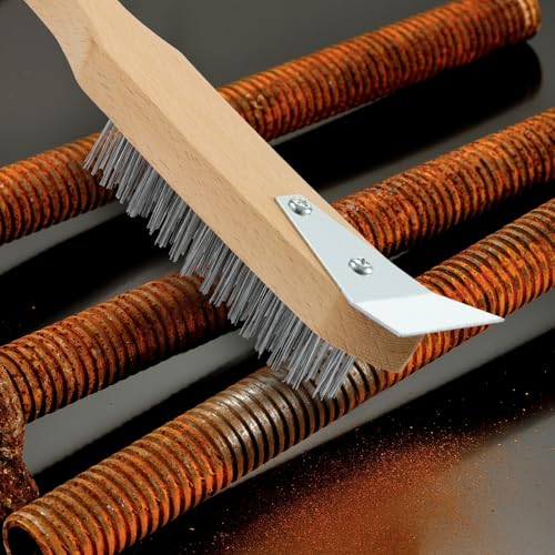 MAXMAN Stainless Steel Wire Scratch Brush, 12 Inch Wooden Handle Wire Brush with Metal Scraper, Heavy Duty Wire Brushes for Cleaning Rust, Paint Scrubbing, Dust and Other Hard Surfaces 2 Pieces - style: Stainless Steel Bristles