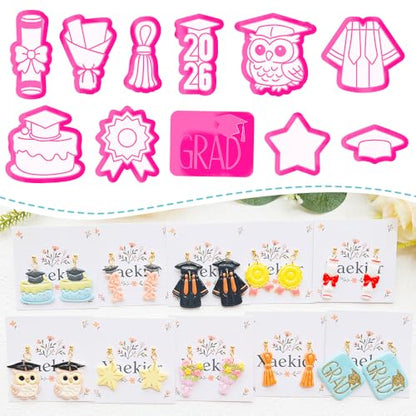 Graduation Polymer Clay Cutters & Stamp Set - 11pcs Sharp & Durable 2026, Owl, Cap, Gown, Diploma, Cake & Star Shapes for DIY Earring Jewelry Making, Soft Clay Crafts & Class Party Supplies - color: 2U color