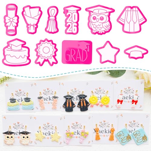 Graduation Polymer Clay Cutters & Stamp Set - 11pcs Sharp & Durable 2026, Owl, Cap, Gown, Diploma, Cake & Star Shapes for DIY Earring Jewelry Making, Soft Clay Crafts & Class Party Supplies - color: 2U color