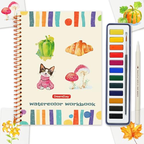 DreamCosy Watercolor Workbook, Adult Coloring Book & 12 Colors Painting Kit with Brush, Marker, 15 Different Patterns of Original DIY Designs, Valentine Watercolor Book for Adults Relaxation - size: Book with paints