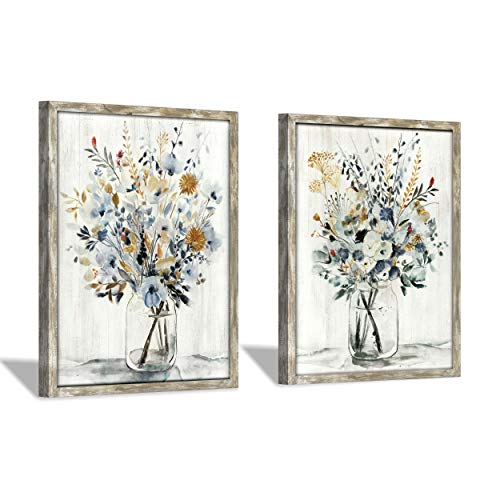 Floral Picture Wall Art Painting: Blossom Bouquet Flowers Print on Rustic Wood and Handcrafted Wooden Framed Artwork for Home and Kitchen (18” x 24” x 2pcs) - color: Floral wall art, size: 18" x 24" x 2 Panels