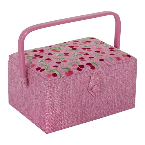 Hobby Gift Medium Sewing Box Organiser, Fabric Covered Storage Box with Handle, Internal Tray, Pin Cushion and Pocket for Sewing, Quilting and Knitting Supplies - color: Cherries