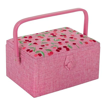Hobby Gift Medium Sewing Box Organiser, Fabric Covered Storage Box with Handle, Internal Tray, Pin Cushion and Pocket for Sewing, Quilting and Knitting Supplies - color: Cherries