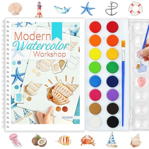 Beginners Watercolor Workbook for Adults -Step-by-Step Coloring Book Set-12 coloring book pages - Includes 16 color blocks and a brush - Professional Watercolor Paper: 300gsm/140lb (Seaside) - style: Seaside