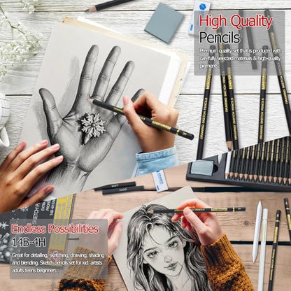 PANDAFLY Drawing Sketching Pencil Set, 26 Piece, 4H-14B Graphite Pencils | Charcoal Pencils & Sticks, Vinyl & Kneaded Erasers, Sharpener & Blending Stump, Artist Pencils for Artists and Beginners