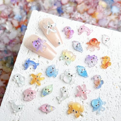200Pcs Ocean Mini Resin Nail Art Charms Tiny Sea Animal Nail Rhinestones Shell Octopus Starfish Crab Nail Charm Cute Ombre Seahorse Nail Diamond 3D Colorful Summer Nail Supplies for Beach DIY Manicure - color: yellow