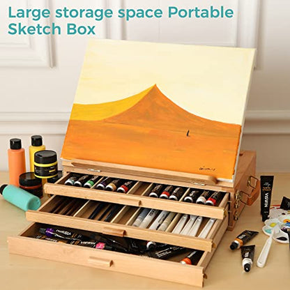VISWIN Large Tabletop Easel with 3 Storage Drawers, Adjustable Beech Wood Table Top Easel for Painting, Portable Sketch Box for Art Supplies, Desktop Travel Art Easel for Adults, Artists, Students - size: With 3 drawers