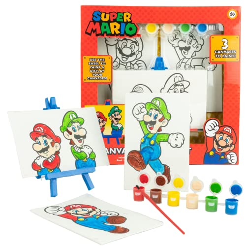Super Mario Canvas Painting Kit for Kids, 3 Preprinted Mini Canvases for Painting, Easel, 6 Paint Pots and Brush, Acrylic Paint Set for Children - color: Super Mario