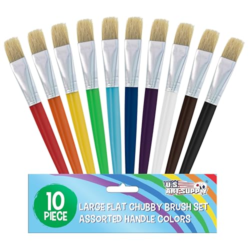 U.S. Art Supply 10-Piece Fat Hog Bristle Brush Set - Large Chubby Paint Brushes, Classroom Paint Brushes for Crafts, Tempera & Acrylic Painting, Ideal for Beginners & Students