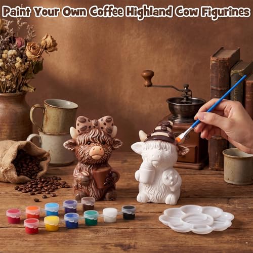 Poen 2 Set Coffee Highland Cow Ready to Paint Your Own Statue Sweet Coffee Lover Gift 4" Mini Paintable Ceramics Blank Cow Figurine Brush Palette Paint for Craft DIY Home Decor Adult Mother's Day - style: Coffee Highland Cow
