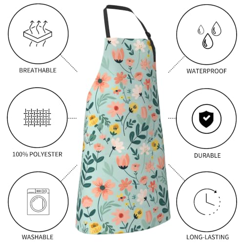 Cream Pastel Wildflower Art Waterproof Apron with Pockets | Garden Aprons for Men Women Adjustable Bib Apron for Cooking Kitchen Baking BBQ Painting Housework Oil Resistant - color: Pastel Garden Print