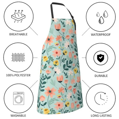 Cream Pastel Wildflower Art Waterproof Apron with Pockets | Garden Aprons for Men Women Adjustable Bib Apron for Cooking Kitchen Baking BBQ Painting Housework Oil Resistant - color: Pastel Garden Print