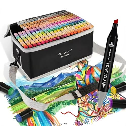 colpart 262 Colors Alcohol Markers Set Dual Tip Art Marker Pens with Pen Holder and Carry Bag for Adult Coloring Painting Supplies Perfect for Painting, Coloring, Sketching and Drawing - style: 262 Brush
