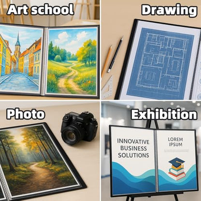 JJRING 18x24 Art Portfolio Folder with Plastic Sleeves, 24-Pocket Portfolio Binder Displaying 48 Pages, Presentation Book with Black Inner Paper for Artwork Storage, Black - size: 18*24