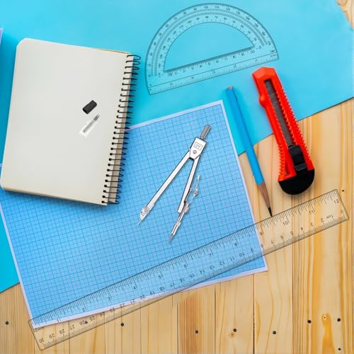 3 Pcs Plastic 12 Inch Ruler, Clear Protractor and Compasses Set for Student Geometry, Durable Transparent Drawing Measuring Rulers for School Office
