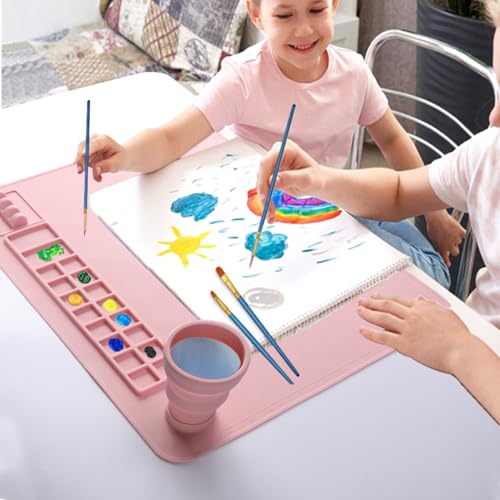 Silicone Painting Mat, 20"x 16" Silicone Art Mat with Cup, Kids Painting mat for Resin, DIY, Drawing Resin, Paint, Clay， Large Craft Art Mat, (Pink) - color: Pink