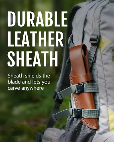 ravs Whittling Knife with Leather Sheath, Wood Carving Knife with High Carbon Steel Blade, Titanium Coating Sloyd Knife with Ergonomic Handle, Wood Carving Tools for Beginners & Professionals