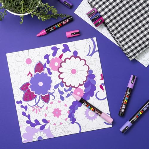 POSCA Canvas Paint by Number Kit, Lilac Dream - 8 Acrylic Markers with 2 Pre-Drawn Canvases - Gift Set for Artists, Adults and Kids - color: Lilac Dream