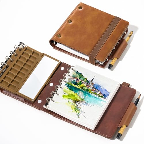 Travel Watercolor Sketchbook with Ceramic Palette- 100% Cotton Cold Press 5.1x4.3 Inch 20Sheets Binder Art Journal with 18 Empty Paint Grids & Travel Watercolor Brushes for Artists Outdoor Painting - color: Brown