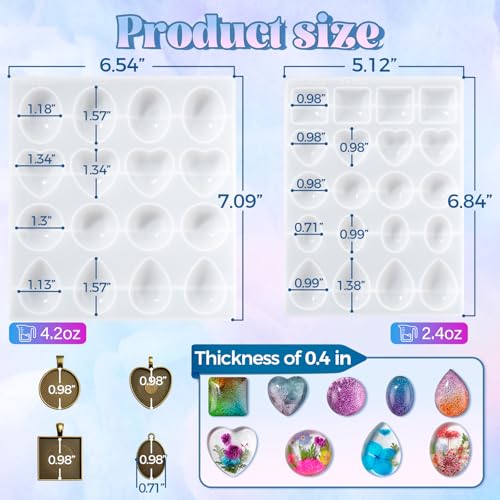 Bundle Set of UV Light Purple and Cabochon Gems Resin Molds, 36 Cavities Thicker&Shiny UV Resin Molds Jewelry with 16 pcs Pendant Trays, Epoxy Molds forPendant,Earrings