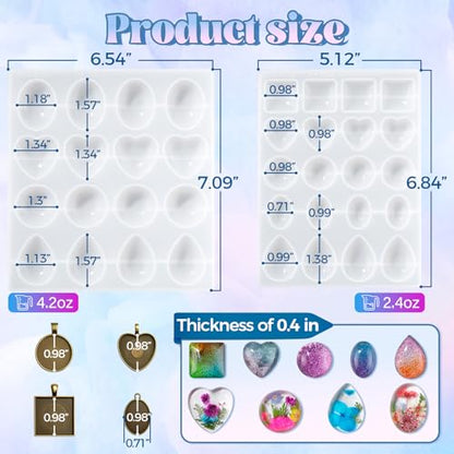 Bundle Set of UV Light Purple and Cabochon Gems Resin Molds, 36 Cavities Thicker&Shiny UV Resin Molds Jewelry with 16 pcs Pendant Trays, Epoxy Molds forPendant,Earrings
