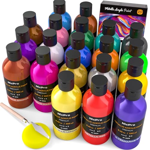 Nicpro Metallic Acrylic Paint Set (8.45 oz, 250 ml), 20 Colors Large Acrylic Paint Bulk, Non Toxic Art Painting Supplies for Multi Surface Canvas Rock Wood Leather Stone Metal Craft with Color Wheel - color: 20 Metallic Colors, size: 8.45 Fl Oz (Pack of 2