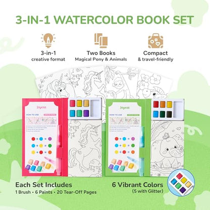 JoyCat 2 Pack Pocket Paint with Water Coloring Books for Kids, Art & Craft Activity Toy Set, Creative Travel & Home Painting Kit, Gifts for Girls & Boys Ages 3-8 (Magical Pony & Animals) - style: 2 Pack - Magical Pony & Animals