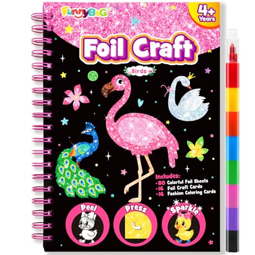 FUNNYB&G Foil Art Craft Kit for Girls 4-10 Years Old: Mess-Free & No-Glue, Create 16 Sparkly Birds Pictures – Perfect Travel Toy & Birthday Gift for Kids (Birds) - style: Birds