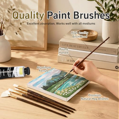 rubens Oil Paint Brush Set, 5 Pcs Natural Hog Bristle Paint Brushes | Professional Long Wooden Handles Artist Series Brushes with Fan, Flat, Round for Oil Acrylic Painting - size: Round 2,6, Filbert 4, Flat 6, Fan 4