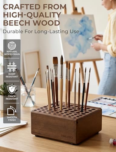 DUGATO Wooden Brush Holder, 59 Hole Desk Organizer with Rest Groove | Tabletop Stand for Paint Brushes, Pencils, Pens & Art Supplies, Built-In Drying Rest, Studio Desktop Rack