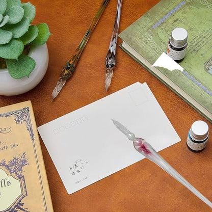 Glass Dip Pen, Glass Ink Pen Set, Crystal Elegant Flower Signature Ink Pen, Calligraphy Pen Set with Pen Holder for Signatures, Gift Cards Writing, Calligraphy Beginners