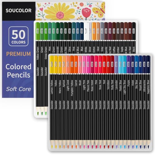 Soucolor 50 Colored Pencils - Premium Art Supplies for Adults Coloring Book | Long-lasting vibrancy Colors, Smooth Writing, Easy Blending and Shading, Perfect for Coloring Books, Sketching & Drawing Pads - color: 50 Color