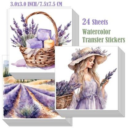ZMRU 24 Sheets of Watercolor Style Rub on Transfers for Crafts - Perfect for Glass, Porcelain, Leather, Canvas, and Fabric Projects - IOD Transfers Included,3 * 3inch (Purple Lavender) - style: Purple Lavender