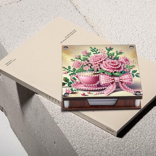JISHSHAY 2 PCS Diamond Art Note Box Flower Diamond Painting Note Pad Holder Tea Cup Gem Painting Gem Art Memo Boxes Mosaic Kits for Adults Embroidery Kit Memo Pad Holder, Contains 120 Sheets of Paper - color: Flower 1
