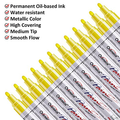Lesun Yellow Paint Pens Markers - 12 Pack Waterproof Oil-Based Paint Pen Set Quick Dry Permanent Markers for Metal, Rock Painting, Stone, Ceramic, Wood, Fabric, Plastic, Canvas, Glass, Mugs, Tires - color: Yellow