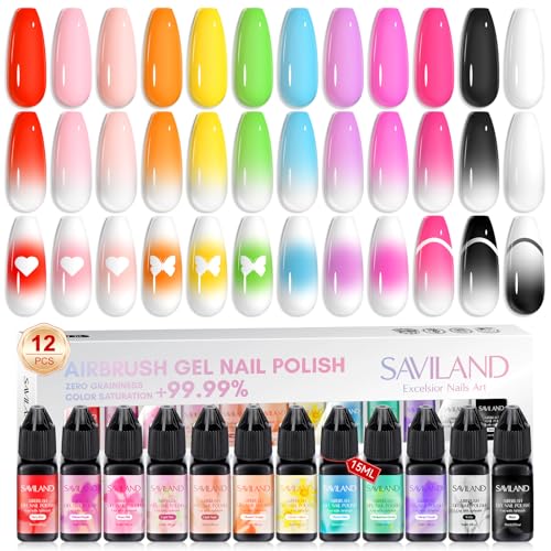 SAVILAND Airbrush Gel Nail Polish Hema-Free: Dilution-Free 12 Vitality Colors Airbrush for Nails Set Non-Acetone with Fine Mist Nail for Spray French & Ombre Nail Polish Nail Art Design Salon Kit - color: Basis Color