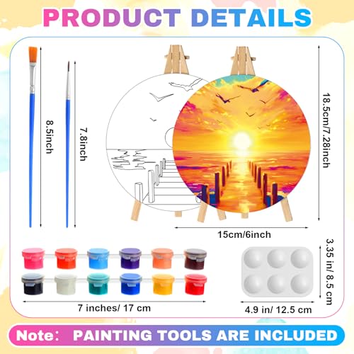 Supervitae 72 Piece Landscape Round Pre Drawn Canvas Kit 5.9" Paint and Sip Kit for Adults Painting Party Pre Printed Canvas DIY with Pictures Paints Easels Brushes for Party Gifts - size: 5.9", style: Landscape