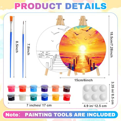 Supervitae 72 Piece Landscape Round Pre Drawn Canvas Kit 5.9" Paint and Sip Kit for Adults Painting Party Pre Printed Canvas DIY with Pictures Paints Easels Brushes for Party Gifts - size: 5.9", style: Landscape