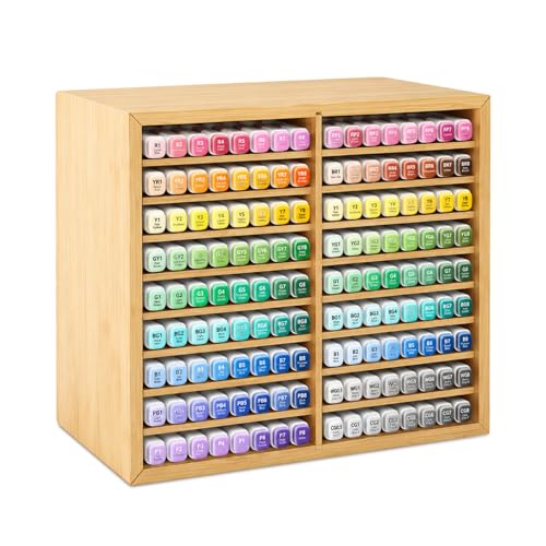 Wooden Marker Organizer for Desk, Hold 144 Markers with 9 Compartments, Art Supply Storage Holder for Alcohol Markers, Pens, Pencils, Home Classroom Office Decor