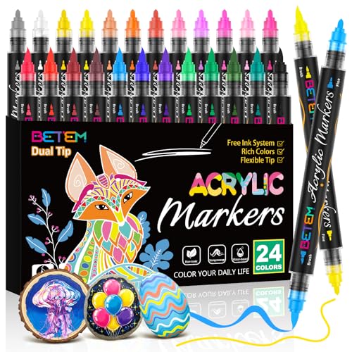 Betem Acrylic Paint Markers Dual Tip, 24 Colors High Capacity Automatic Ink Control Acrylic Markers, Fine & Flexible Brush Tip Paint Pens, Art Markers for Rocks, Wood, Plastic, Fabric, DIY Craft - style: 24 Colors