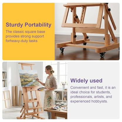 Generic Wooden H-Frame Convertible Easel with 4 Lockable Wheels Adjustable Movable Tilting Easels Holds Canvas Art Up to 78.7In High for/Home/Studio/Outdoor