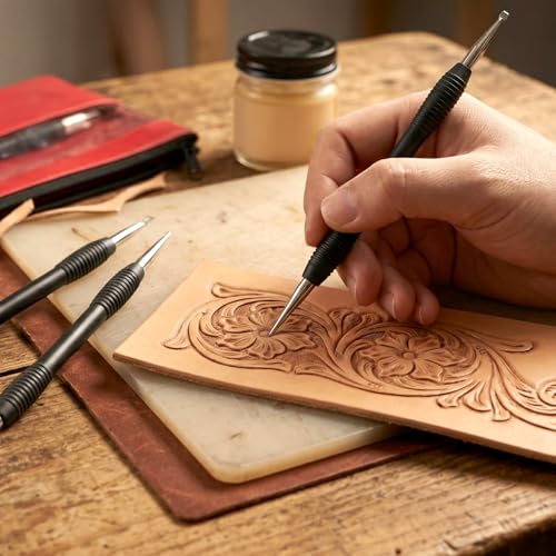 QWORK Leathercraft Modeling Tools Set, 3Pcs Leather Carving Modeling Tools (S/M/L) with Red PVC Pouch, Leather Stamping and Figure Carving Kit