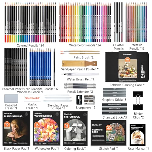 Shuttle Art Drawing Kit and Sketch Pad Bundle, Set of 116 Pack Complete Drawing Kit +160 Sheets Sketch Pad