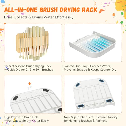 Paint Brush Holder with Drip Tray & Silicone Paint Brush Drying Rack,2 Removable Pegboard Bins for Artist Brush Holder,Paint Brush Stand White Pegboard for Desktop & Wall-Mount for Acrylic Paint Brush