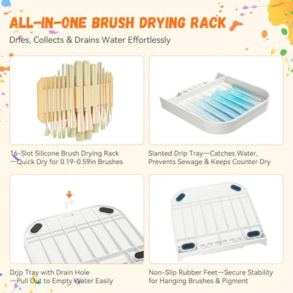 Paint Brush Holder with Drip Tray & Silicone Paint Brush Drying Rack,2 Removable Pegboard Bins for Artist Brush Holder,Paint Brush Stand White Pegboard for Desktop & Wall-Mount for Acrylic Paint Brush
